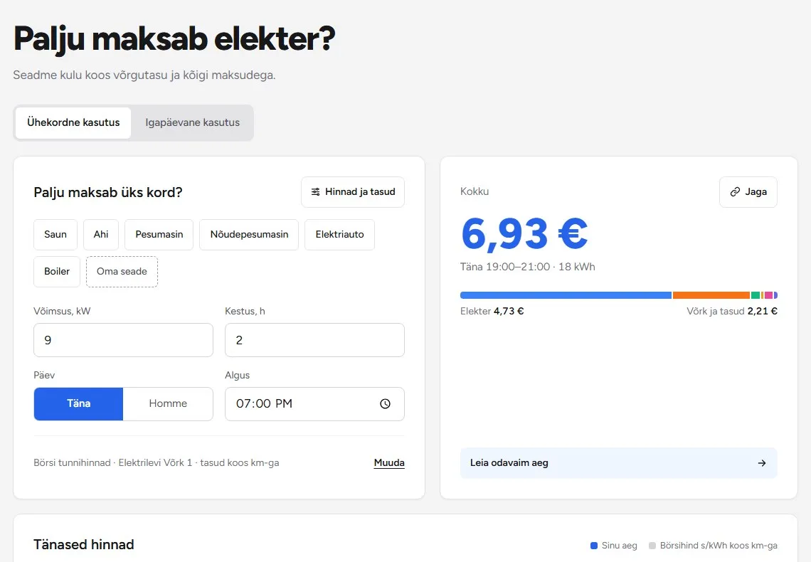Elektrikulu kalkulaator: seade, kestus ja kogukulu koos võrgutasu ja maksudega