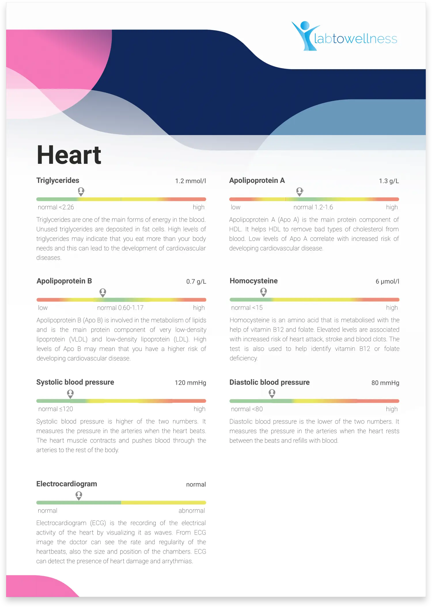 LabToWellnessi raporti näidisleht „Heart“: südame näitajad värviliste skaaladega ja arusaadavate selgitustega
