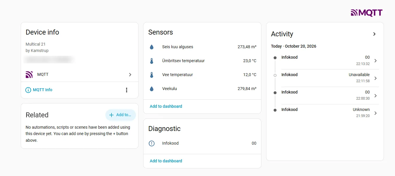 Home Assistanti seade Multical 21: veekulu 279,84 m³, seis kuu alguses 273,48 m³, vee temperatuur 12 °C, ümbritsev temperatuur 23 °C ja infokood 00